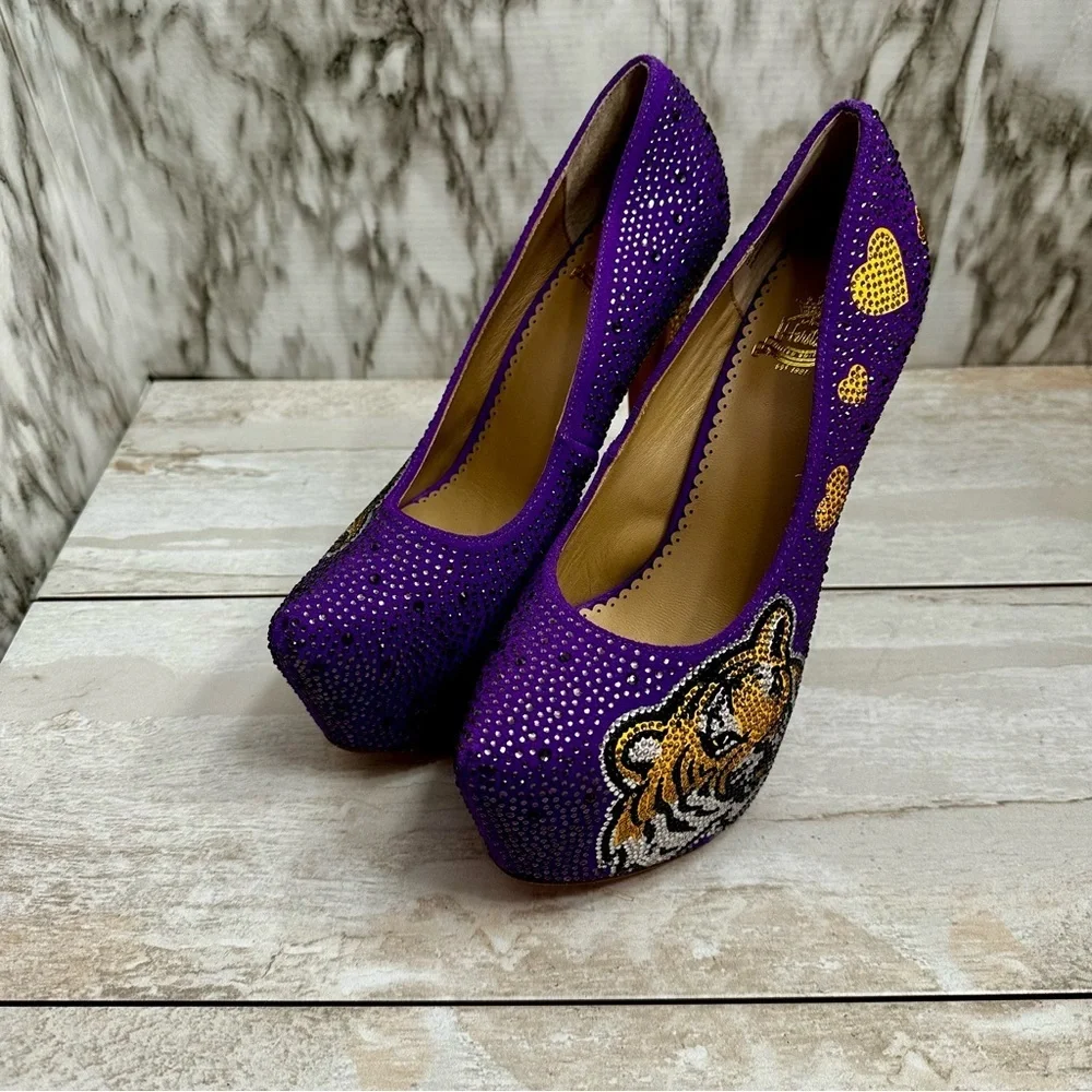 Herstar Women Sz 9 LSU Tigers Crystal Heels Pumps Shoes Purple Gold Glitter Glam